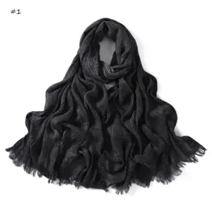 Women dark grey long scarf with subtle pleated stripes and fringe, soft breathable cotton.