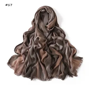 Gradient modal wrinkled scarf detail, soft lightweight fabric texture with fringed edges.