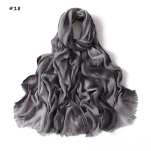 Grey gradient crinkle scarf detail, soft rayon long wrap with delicate raw fringe edge.