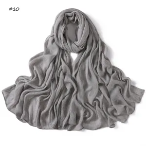 Grey crinkled rayon scarf with rolled edges, soft lightweight breathable long hijab shawl.
