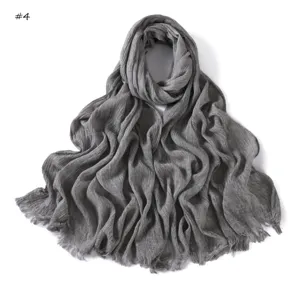 Women solid crinkled slub cotton long scarf detail with frayed edge for autumn winter wear
