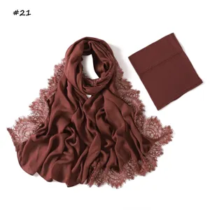 Breathable solid color modal lace long hijab scarf with matching elastic tube cap set.