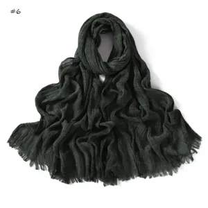 Dark green crinkle slub cotton scarf for women, minimalist long fringe winter shawl.
