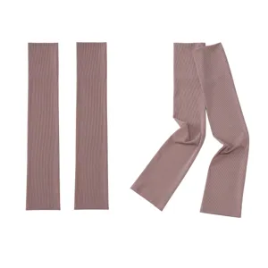 Ribbed ice silk arm sleeves detail, breathable stretch sun protection sleeves in dusty pink color.