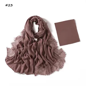 Close-up detail of the breathable modal lace long hijab scarf and matching under cap set.