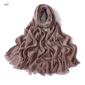 Women solid color crinkled cotton scarf vintage long tassel shawl breathable winter wrap