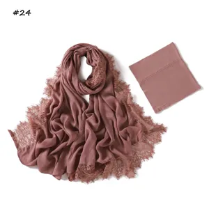Detail view of the breathable modal lace long scarf and matching elastic tube cap set.