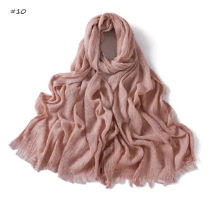 Solid color crinkled cotton long scarf with fringe detail, breathable women shawl wrap.