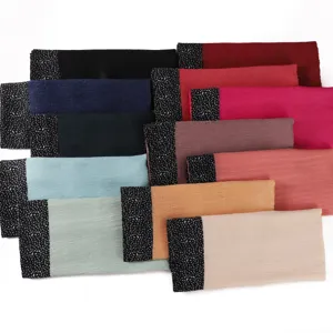 Pleated long scarf with contrast polka dot border, breathable solid color hijab shawl.