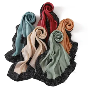 Pleated long scarves with black dotted borders, lightweight and breathable hijabs, multi-color.