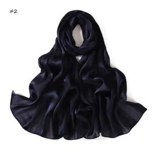 Solid navy blue silk-feel long scarf soft breathable satin elegant womens shawl travel wrap