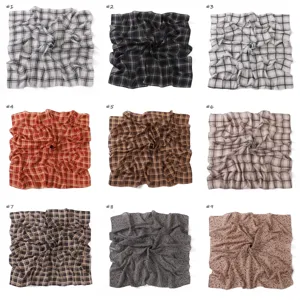 Vintage plaid print chiffon square scarf women lightweight neckerchief head wrap hijab