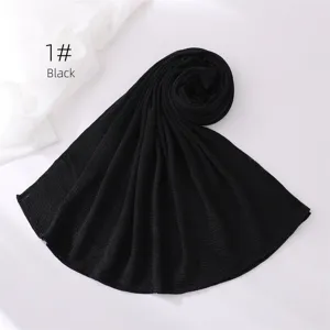 Black pleated long hijab scarf, lightweight soft breathable crinkle polyester head wrap.