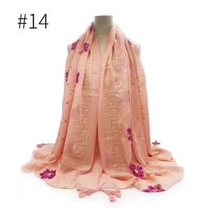 Roze geborduurde kwastjes sjaal vintage katoen linnen omslagdoek ademende hijab strass.