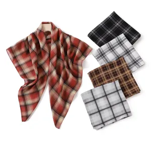 Vintage plaid printed chiffon square scarf for women, elegant neckerchief sun protection wrap.