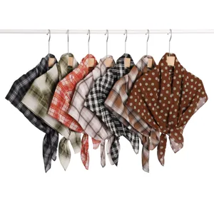 Retro plaid and polka dot chiffon square scarves, versatile women fashion neckwear.