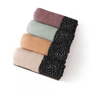 Pleated long scarf with black dotted ends, soft breathable hijab and shawl for women, four colors.