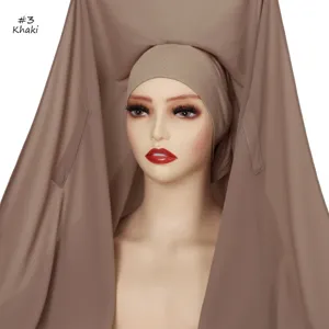 Solid color chiffon hijab with inner cap, easy-to-wear Muslim headscarf for women.
