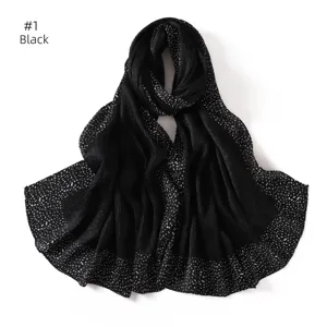 Black pleated scarf with white dots, breathable long hijab wrap and stylish women shawl.