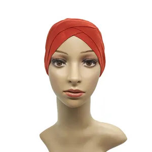 Womens Solid Color Modal Stretchy Base Cap Cross Front Muslim Inner Hijab Cap Ethnic Daily Headwear Hair Accessories