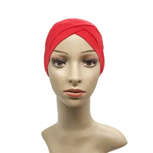 Red modal stretch cross turban cap for women comfortable solid color hijab inner cap