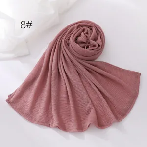 Solid color crinkle hijab scarf, lightweight breathable long polyester shawl for daily wear.
