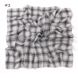 Black and white plaid print chiffon square scarf, retro versatile fashion headscarf for women.