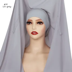 Elegant Solid Color Chiffon Hijab with Matching Inner Cap One-Piece Headscarf Light Grey