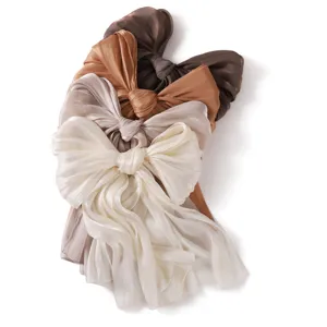 Shiny satin bow scarf for women, soft draping summer head wrap, elegant solid color shawl.