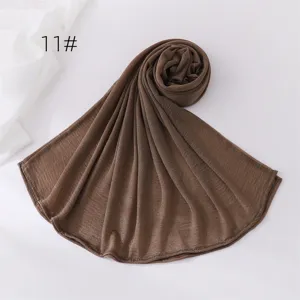 Solid color crinkle scarf, lightweight breathable long hijab, soft fashion polyester head wrap.