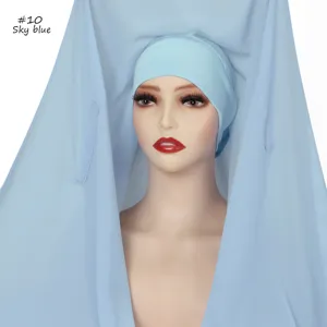 Detail view of sky blue chiffon hijab with matching inner cap and magnetic buckle.