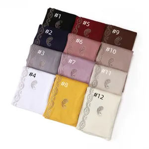 Mercerized cotton paisley rhinestone long scarf hijab set in various elegant colors.