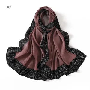 Women's pleated long scarf shawl with black polka dot border, elegant pink design for autumn.