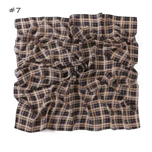 Retro plaid print chiffon square scarf, lightweight sun protection neckerchief for stylish women.