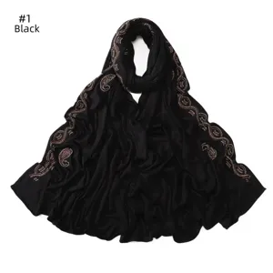 Black mercerized cotton hijab scarf featuring rhinestone paisley edge elegant look