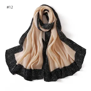 Women pleated long scarf black border white dot print breathable autumn winter fashion shawl