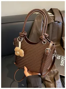 Sac seau tressé marron pour femme élégant sac à bandoulière fourre-tout tendance avec charme