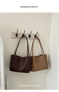Retro woven leather tote bag for women, large capacity shoulder handbag, stylish daily commuter bag.