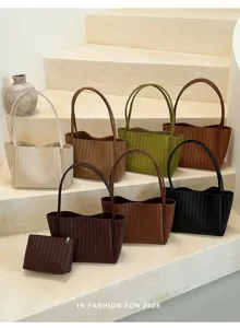 Woven tote bag for women stylish PU leather large capacity shoulder handbag casual commute 2026