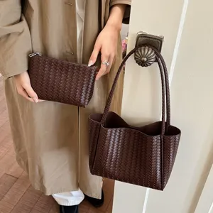 Retro woven leather tote bag and clutch set, stylish large capacity shoulder handbag for women.