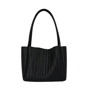Black Woven Leather Tote Bag Women Retro Shoulder Handbag Large Capacity Commuter Daily.