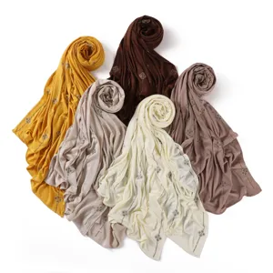Solid mercerized cotton long scarf with clover rhinestone lines, soft breathable shawl.