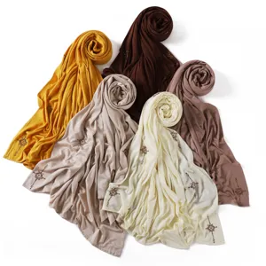 Multi-color mercerized cotton long hijab scarf with elegant gold rhinestone cross decor