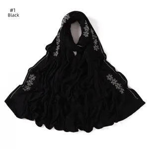 Black rhinestone embellished jersey hijab scarf for women, soft mercerized cotton shawl wrap.