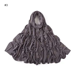 Grey mercerized cotton long scarf with sparkling rhinestone clover lines for elegant daily wear.