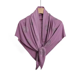 Elegant purple triangular shawl scarf with sparkling rhinestone studs, soft modal fabric.