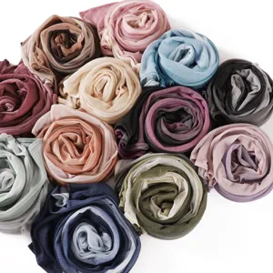 Detail view of gradient crinkle scarves, soft breathable bark texture pleated long scarfs.