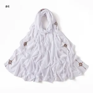 Solid white cotton hijab scarf with gold rhinestone cross patterns elegant stretchable head cover