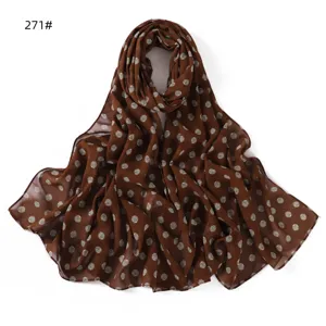 Brown polka dot print chiffon long scarf for women, elegant breathable draped hijab shawl.