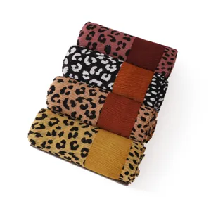 Women vintage colorful leopard print pleated long scarf breathable cotton linen shawl.